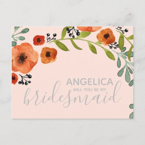 Will you be my bridesmaid Floral pastel pink Invitation Postcard