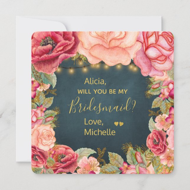 Will you be my bridesmaid floral pink navy gold invitation (Front)