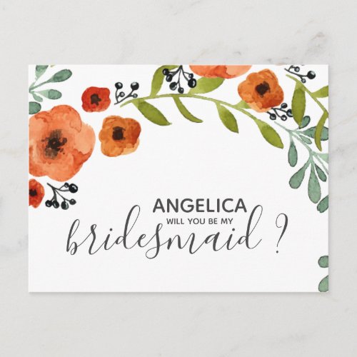 Will you be my bridesmaid Floral Watercolour Invitation Postcard