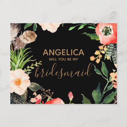 Will you be my bridesmaid floral wreath black gold invitation postcard