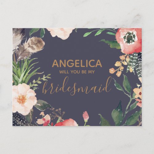 Will you be my bridesmaid floral wreath gold invitation postcard