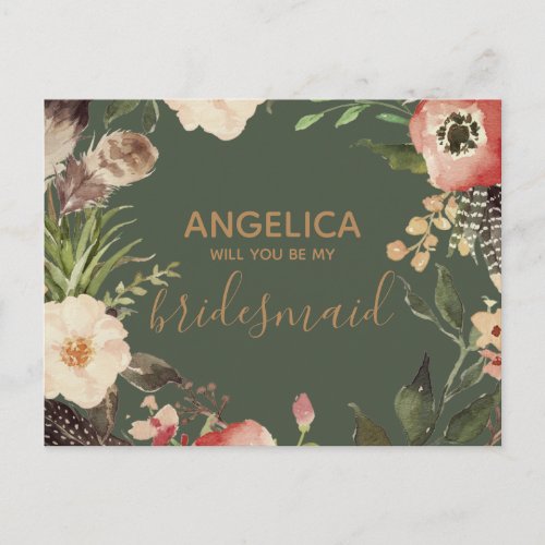 Will you be my bridesmaid floral wreath green gold invitation postcard