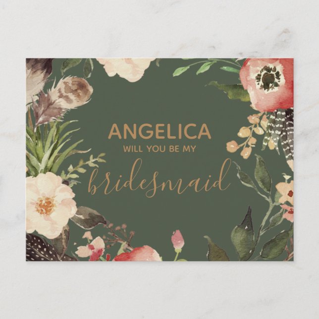 Will you be my bridesmaid floral wreath green gold invitation postcard (Front)