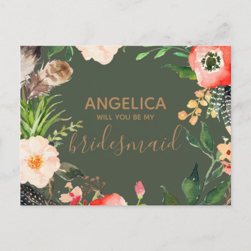 Will you be my bridesmaid floral wreath green gold invitation postcard