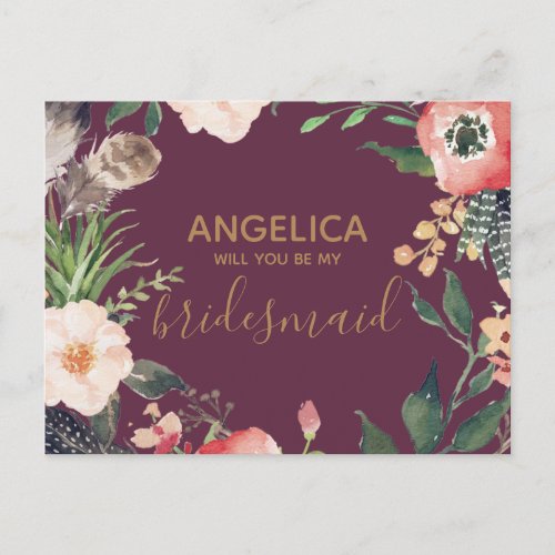 Will you be my bridesmaid floral wreath pink gold invitation postcard