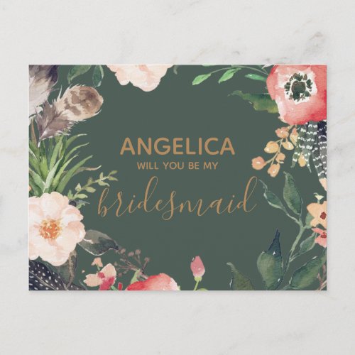 Will you be my bridesmaid floral wreath teal gold invitation postcard