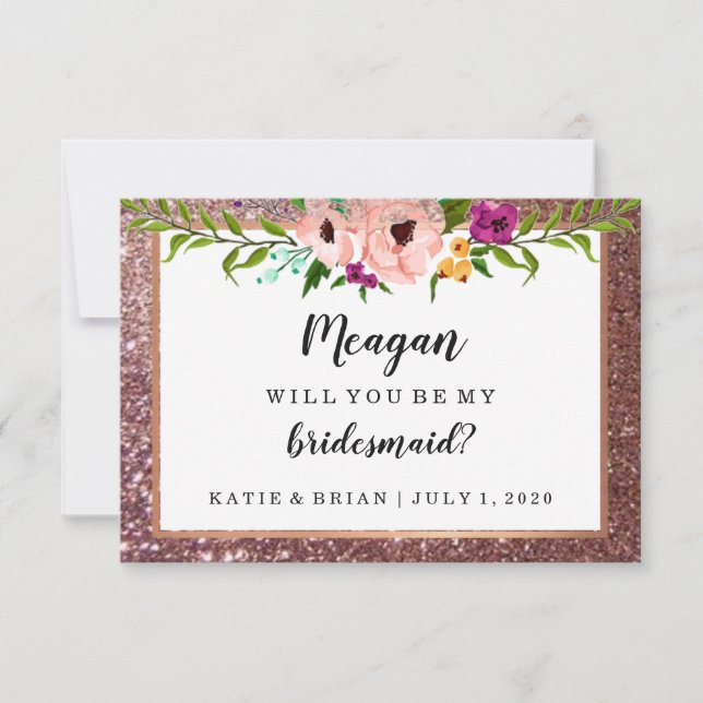 Will You Be My Bridesmaid Flower Glitter Plum Invitation (Front)
