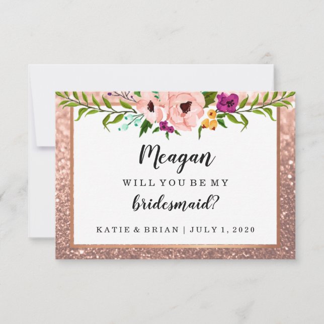 Will You Be My Bridesmaid Flower Glitter Rose Gold Invitation (Front)