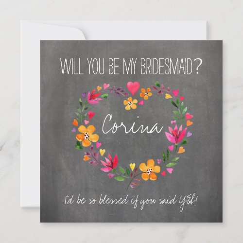 Will You Be My Bridesmaid Flowers Heart Wreath Invitation