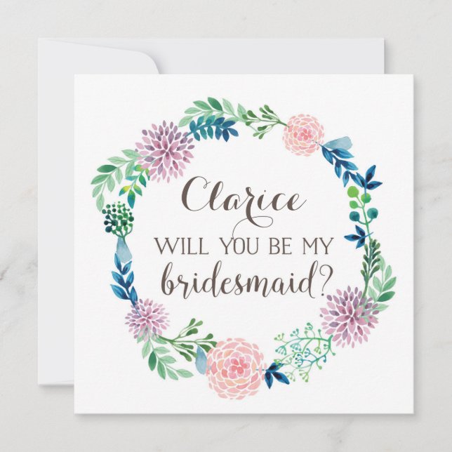 Will you be my bridesmaid, flowers, watercolor invitation (Front)