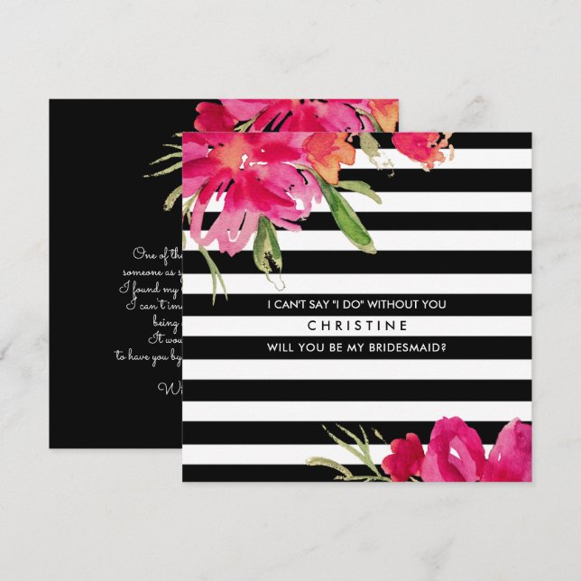 Will you be my Bridesmaid? Fuchsia Black Floral Invitation (Front/Back)