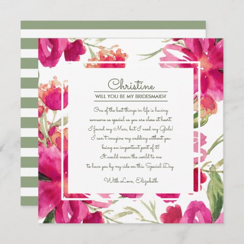 Will you be my Bridesmaid Fuchsia Green Floral Invitation