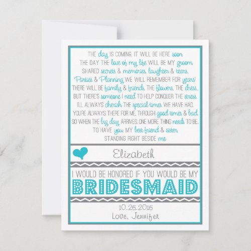 Will you be my Bridesmaid? Fun Blue/Gray Poem Card