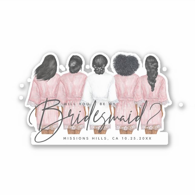 Will You Be My Bridesmaid? Girls in Robes card Rec Sticker (Front)