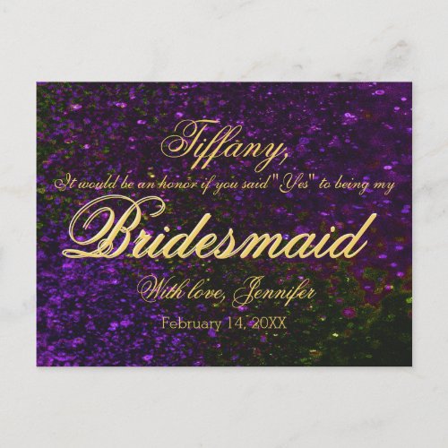 Will You Be My Bridesmaid Glitter Purple Invitation Postcard