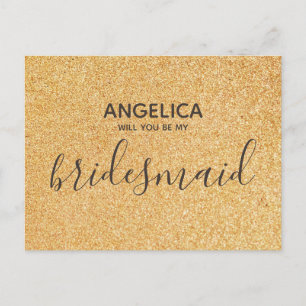 Will you be my bridesmaid gold glitter invitation postcard