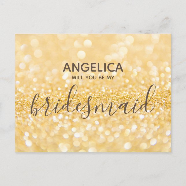 Will you be my bridesmaid gold glitter sparkle invitation postcard (Front)
