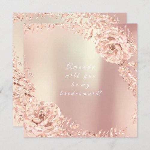 Will You Be My Bridesmaid Gold Pink Rose Wreath Invitation