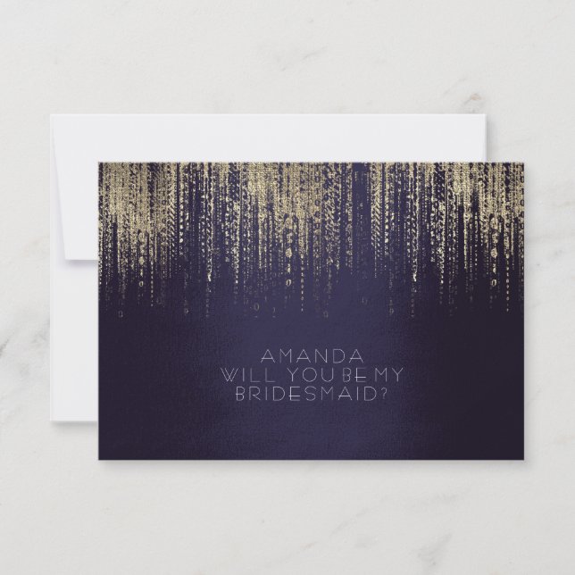 Will You Be My Bridesmaid Gold Rain Navy Invitation (Front)