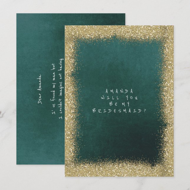Will You Be My Bridesmaid Golden Glitter Emerald Invitation (Front/Back)