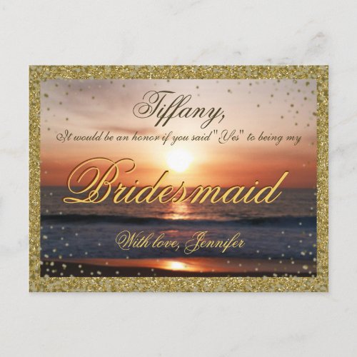 Will You Be My Bridesmaid Golden Sand  Sunset Invitation Postcard
