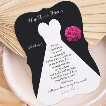 Will You Be My Bridesmaid Gown On Black With Roses Invitation by henishouseofpaper at Zazzle