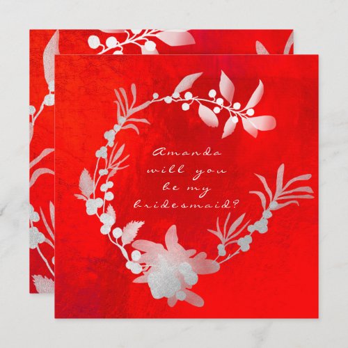 Will You Be My Bridesmaid Gray Silver Red Wreath Invitation