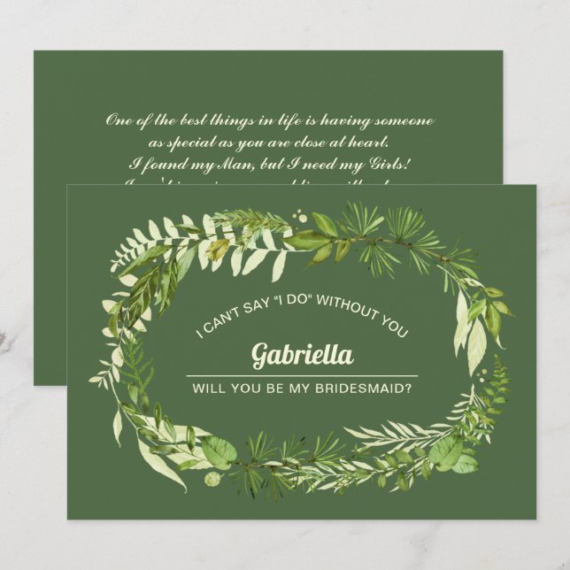Will you be my Bridesmaid? Green Botanical Invitation (Front/Back)