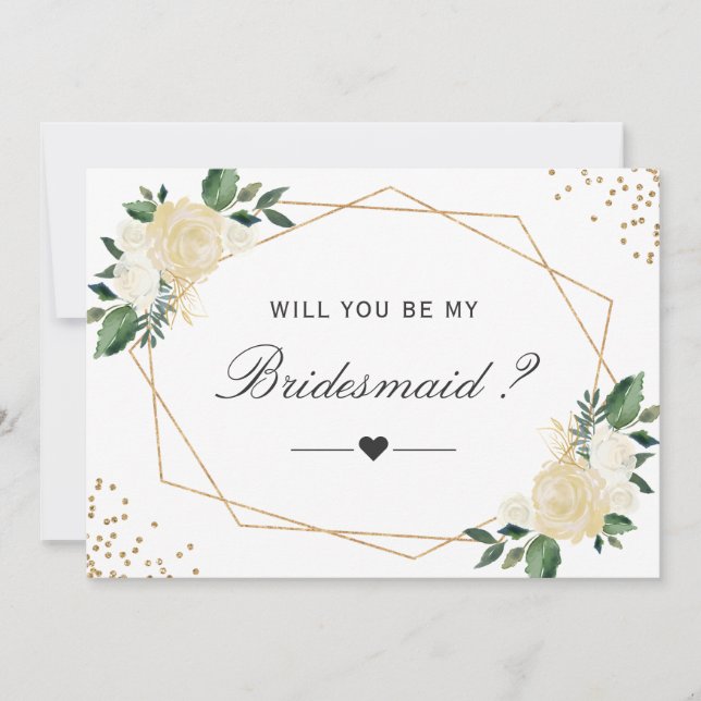 Will You Be My Bridesmaid Greenery Gold Floral Invitation (Front)