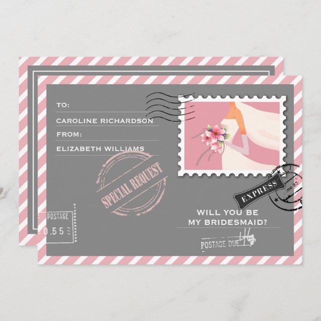 Will you be my Bridesmaid? Grey Pink Air Mail  Invitation (Front/Back)