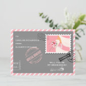 Will you be my Bridesmaid? Grey Pink Air Mail  Invitation (Standing Front)