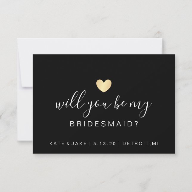 Will You Be My Bridesmaid - Heart Gold Black Invitation (Front)