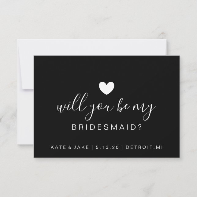 Will You Be My Bridesmaid - Heart White Black Invitation (Front)