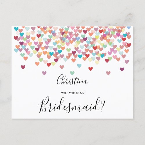 Will You Be My Bridesmaid Hearts Confetti Rainbow Invitation Postcard