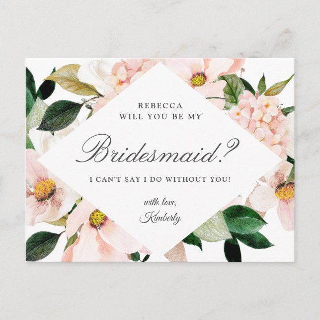 Will You Be My Bridesmaid Hydrangea Blush Floral Invitation Postcard (Front)