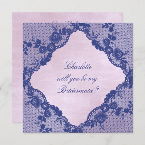 Will You Be My Bridesmaid Lila Navy Blue Lace Invitation