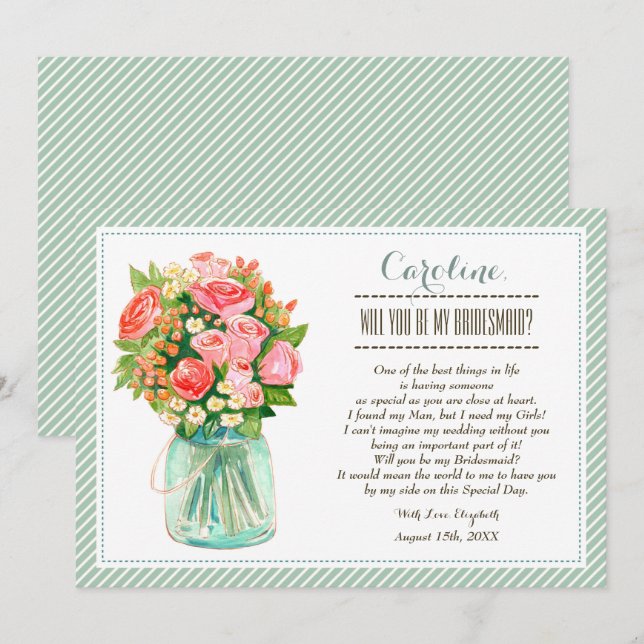 Will you be my Bridesmaid? Mason Jar Floral Invitation (Front/Back)