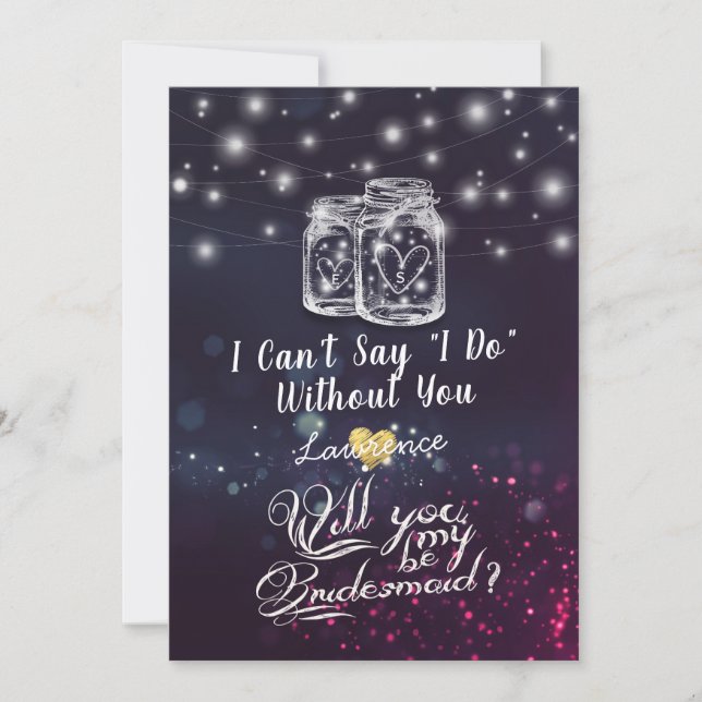 Will You Be My Bridesmaid Mason Jar Purple Lights Invitation (Front)
