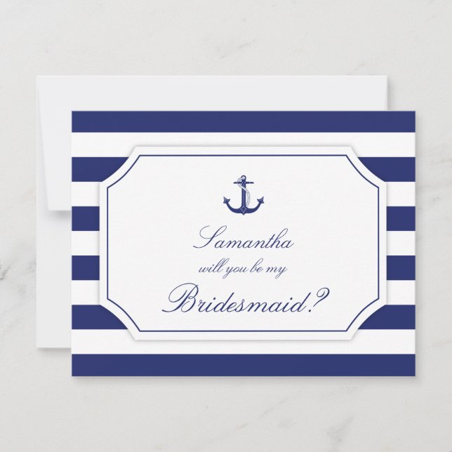 Will You Be My Bridesmaid Nautical Anchor Blue Invitation (Front)