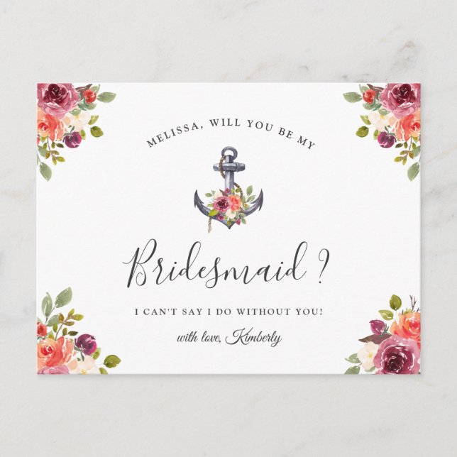 Will You Be My Bridesmaid Nautical Floral Anchor Invitation Postcard (Front)