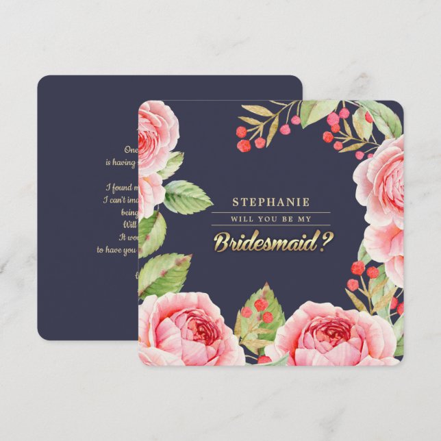 Will you be my Bridesmaid? Navy Blue Floral Invitation (Front/Back)