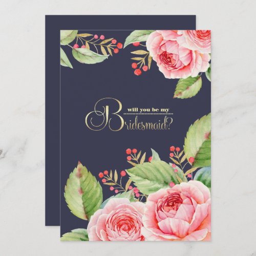Will you be my Bridesmaid Navy Blue Floral Invitation