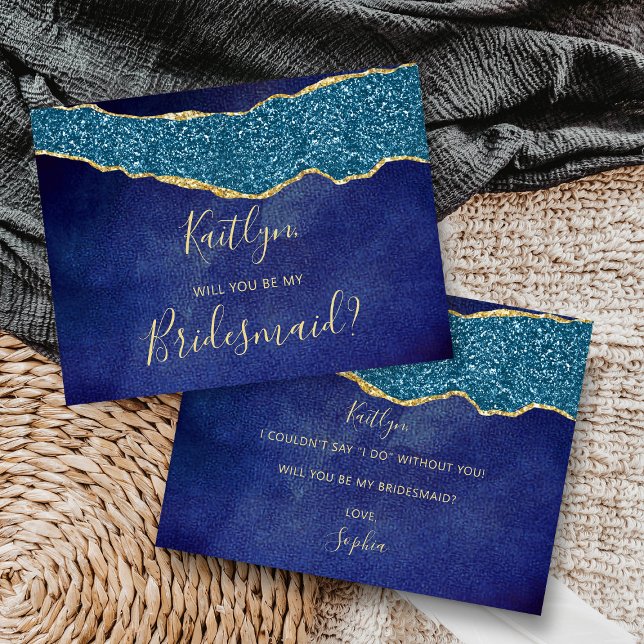 Will You Be My Bridesmaid Navy Blue & Gold Agate Invitation Postcard (Creator Uploaded)