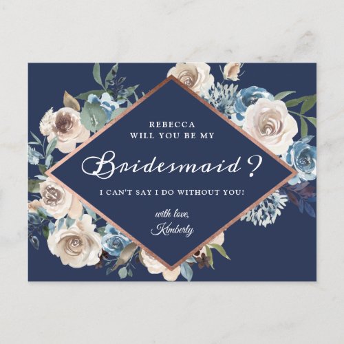 Will You Be My Bridesmaid Navy Blue Neutral Floral Invitation Postcard