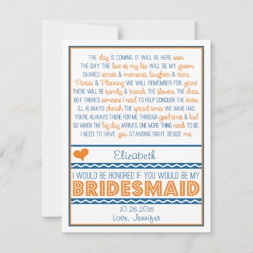 Will you be my Bridesmaid? Navy Blue/Orange Poem Invitation