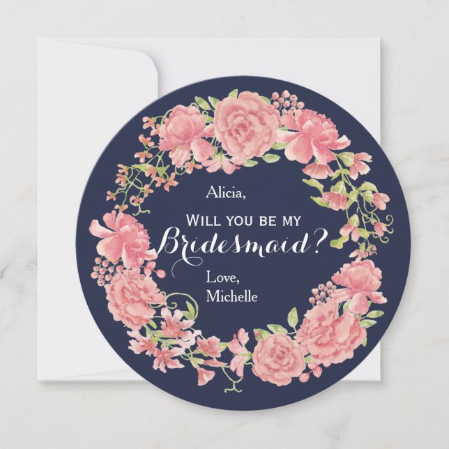 Will you be my bridesmaid navy pink floral wreath invitation (Front)
