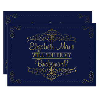 Will You Be My Bridesmaid? Ornate Navy & Gold Card