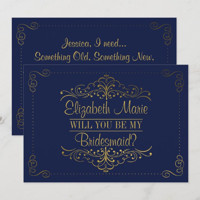 Will You Be My Bridesmaid? Ornate Navy & Gold Invitation (Front/Back)