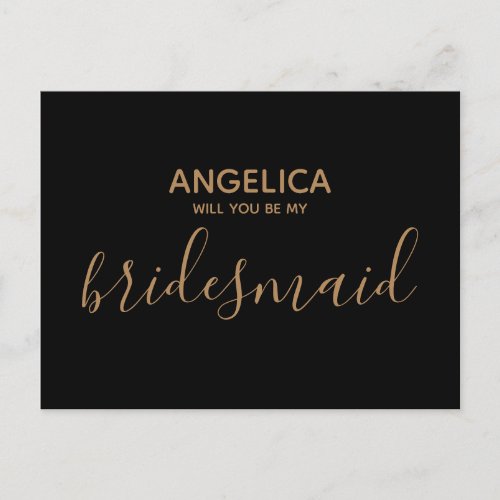 Will you be my bridesmaid pattern black gold invitation postcard