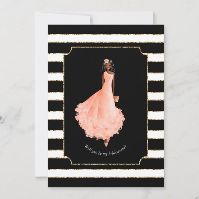 Will you be my Bridesmaid Peach Dress Stripes BW 4 Invitation (Front)